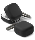 Samsung Galaxy Buds On / 4 Pro / 4 Case | Silicone - Two black silicone cases for Galaxy Buds, one open and one closed, with carabiners.