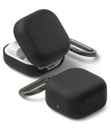 Samsung Galaxy Buds On / 4 Pro / 4 Case | Silicone - Two black silicone cases for Galaxy Buds, one open and one closed, with carabiners.