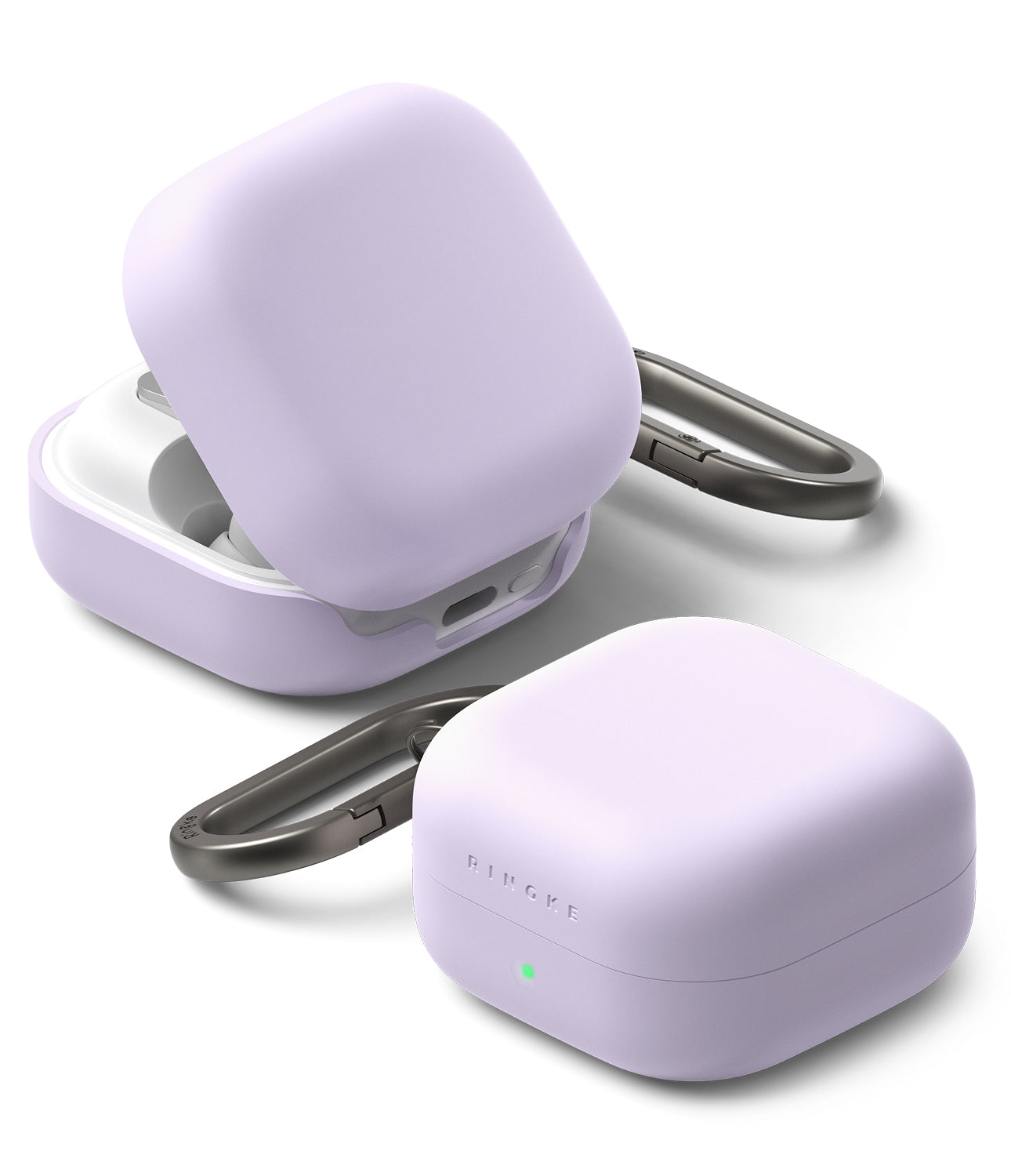 Samsung Galaxy Buds On / 4 Pro / 4 Case | Silicone - Two lavender silicone cases for Galaxy Buds, one open and one closed, with carabiners.