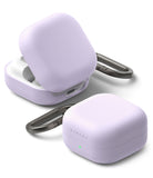 Samsung Galaxy Buds On / 4 Pro / 4 Case | Silicone - Two lavender silicone cases for Galaxy Buds, one open and one closed, with carabiners.