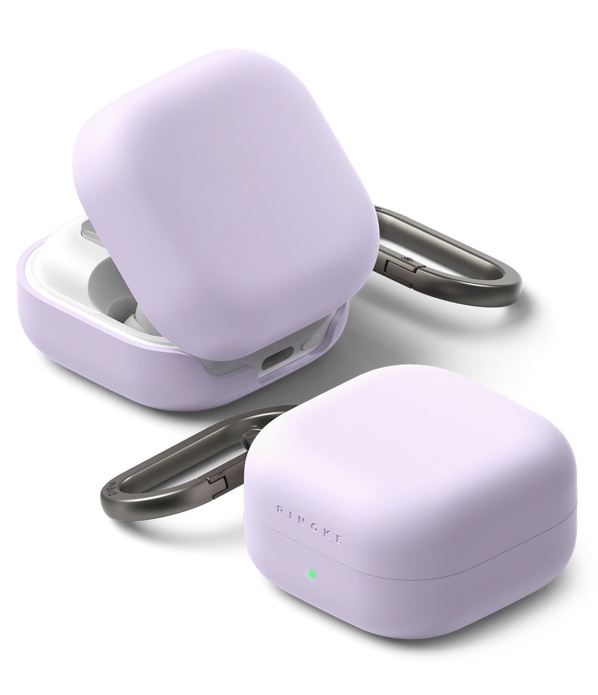 Galaxy Buds 4 Pro / 4 Case | Silicone - Two lavender silicone cases for Galaxy Buds, one open and one closed, with carabiners.