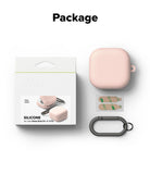 Samsung Galaxy Buds On / 4 Pro / 4 Case | Silicone - Pink silicone case, adhesive strips, and black carabiner with product packaging.