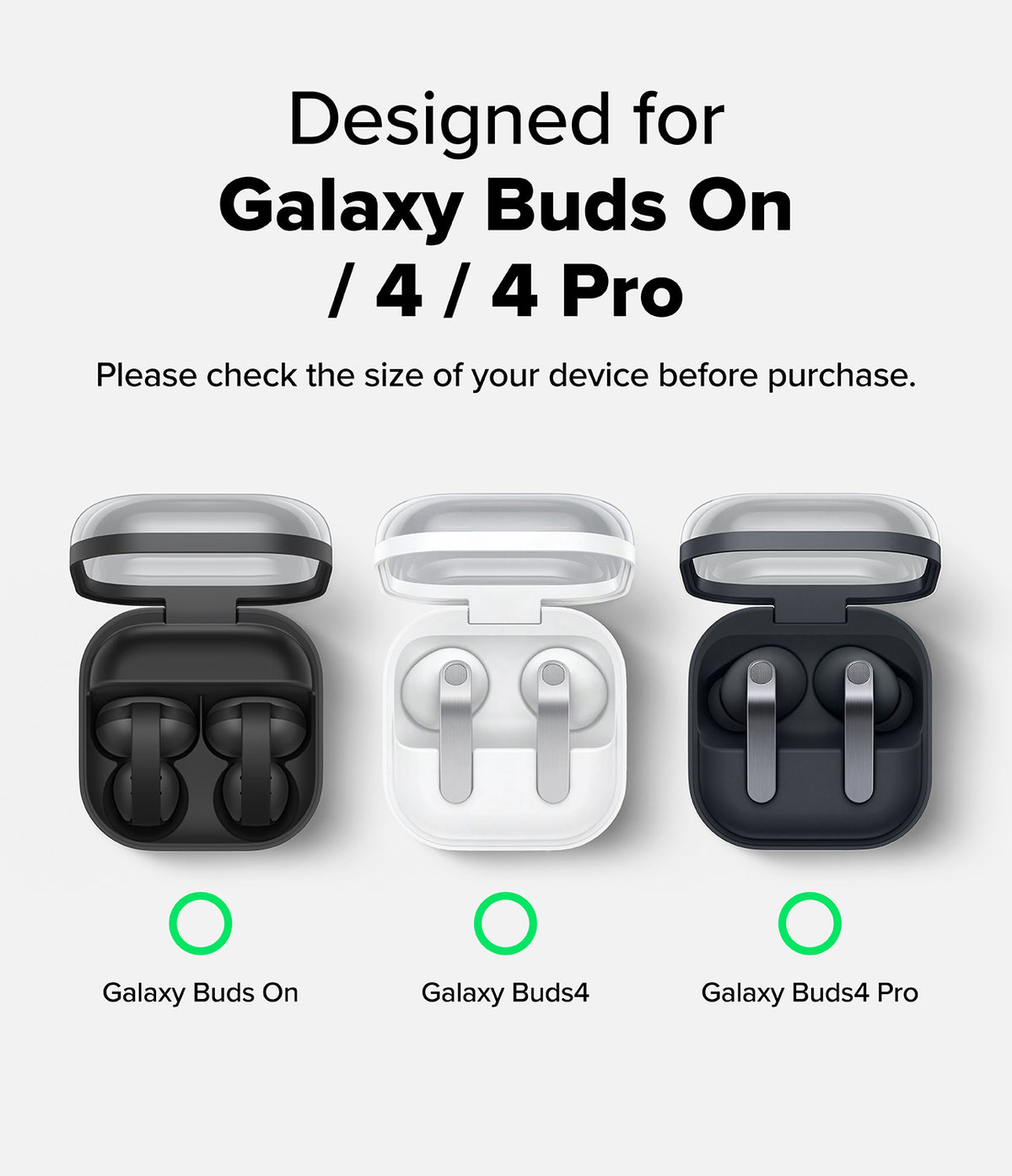 Samsung Galaxy Buds On / 4 Pro / 4 Case | Silicone - Open white charging case for Galaxy Buds 4 with text confirming device compatibility.