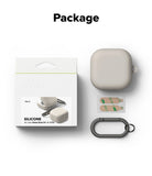 Samsung Galaxy Buds On / 4 Pro / 4 Case | Silicone - Packaging, stone silicone case, adhesive strips, and a black carabiner.