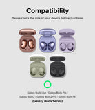 Galaxy Buds FE / 2 Pro / Buds 2 / Galaxy Buds Pro / Live Case | Hinge - Clear - Compatibility chart showing five open Galaxy Buds charging cases in various colors.
