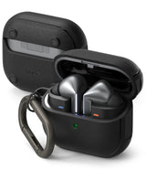 Galaxy Buds 3 Pro / 3 / 3 FE | Onyx Magnetic - Black textured protective case with carabiner holding silver earbuds.