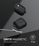 Galaxy Buds 3 Pro / 3 / 3 FE | Onyx Magnetic - Black textured protective case for Galaxy Buds hovering above a magnetic charger.