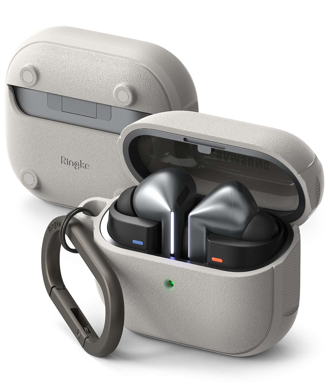 Galaxy Buds 3 Pro / 3 / 3 FE | Onyx Magnetic - Silver metallic earbuds in an open, textured light gray protective case.