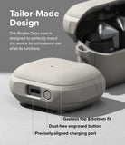 Galaxy Buds 3 Pro / 3 / 3 FE | Onyx Magnetic - Gray protective case on Galaxy Buds with labeled charging port and button.