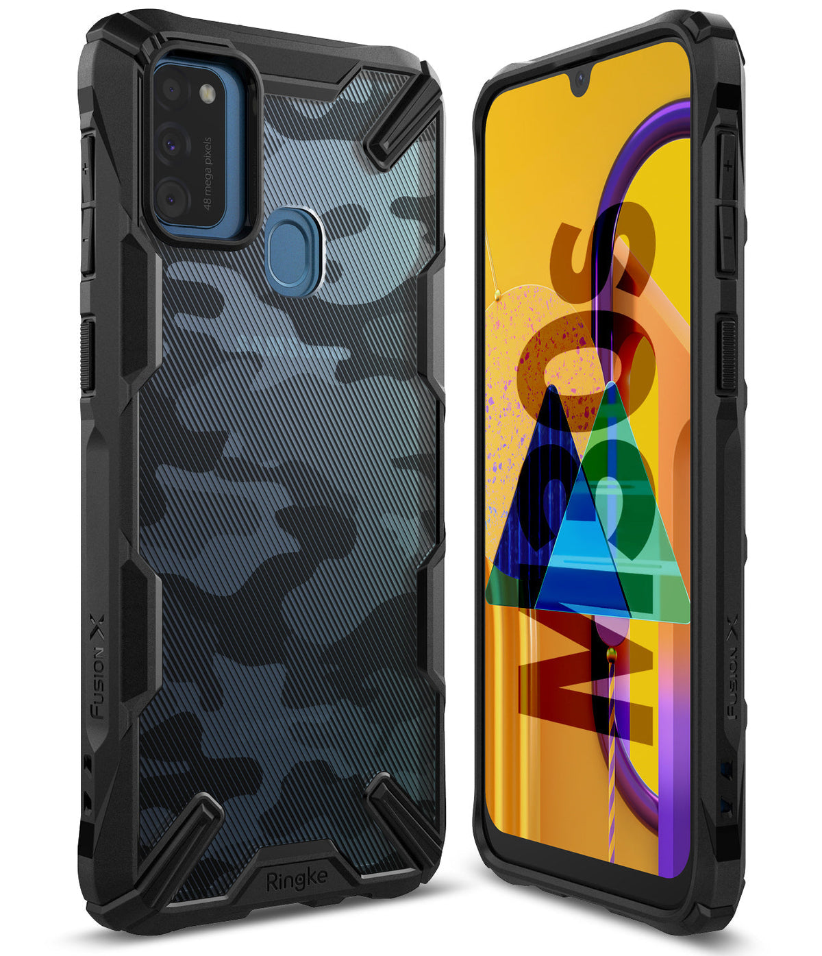 Galaxy M30S / M21 Case | Fusion-X - Rugged black camouflage phone case shown from back and front views on a white background.