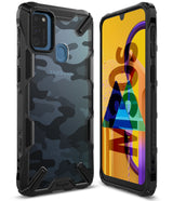 Galaxy M30S / M21 Case | Fusion-X - Rugged black camouflage phone case shown from back and front views on a white background.