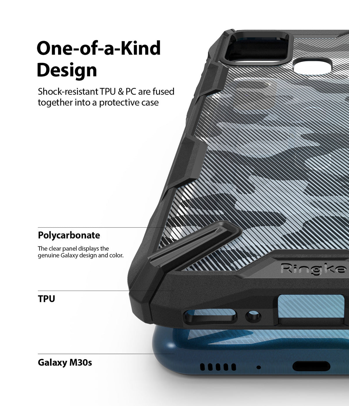 Galaxy M30S / M21 Case | Fusion-X - Close-up of a camo-patterned phone case with black TPU edges and a clear polycarbonate back.