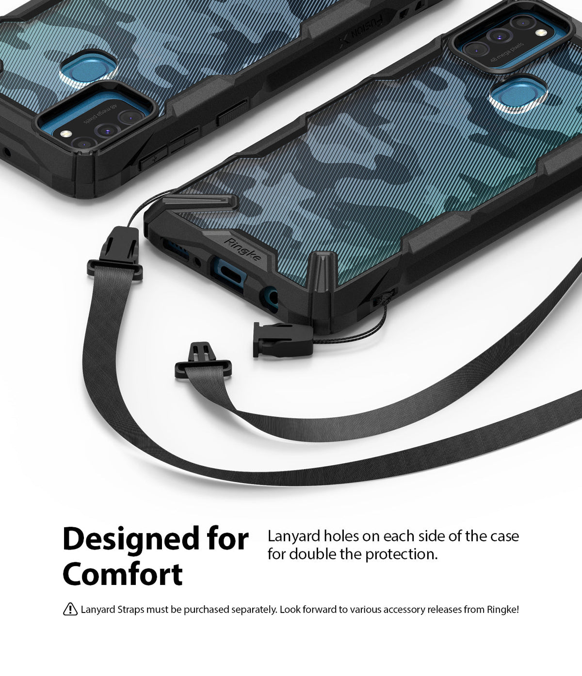 Galaxy M30S / M21 Case | Fusion-X - Two blue camo phone cases with black bumpers and integrated lanyard attachment points.