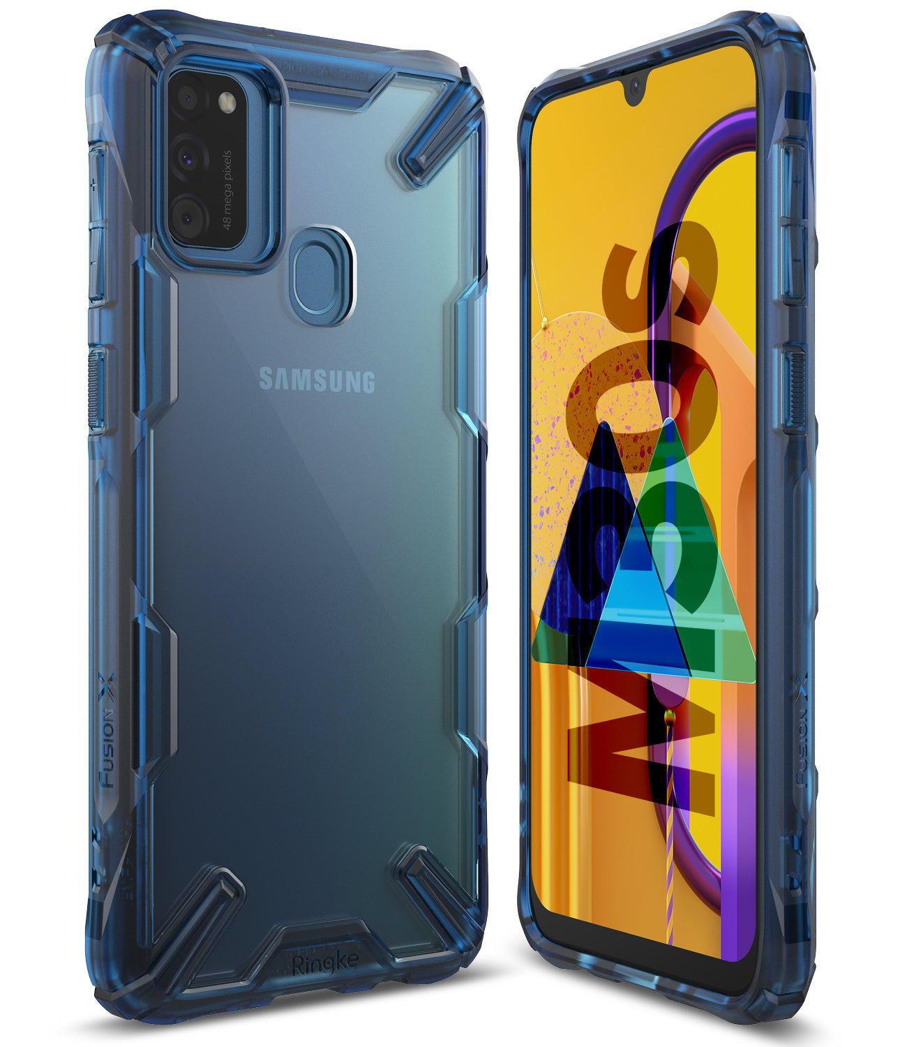 Galaxy M30S / M21 Case | Fusion-X - Translucent blue rugged protective phone case shown from front and back angles.
