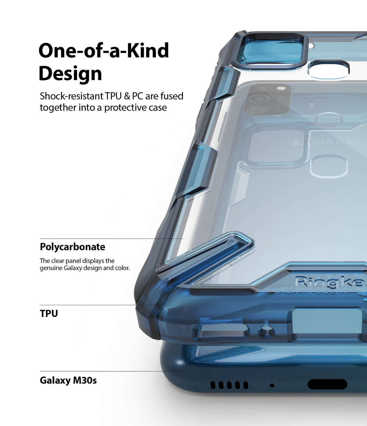 Galaxy M30S / M21 Case | Fusion-X - Close-up of a blue, shock-resistant phone case with a clear back and TPU bumper.