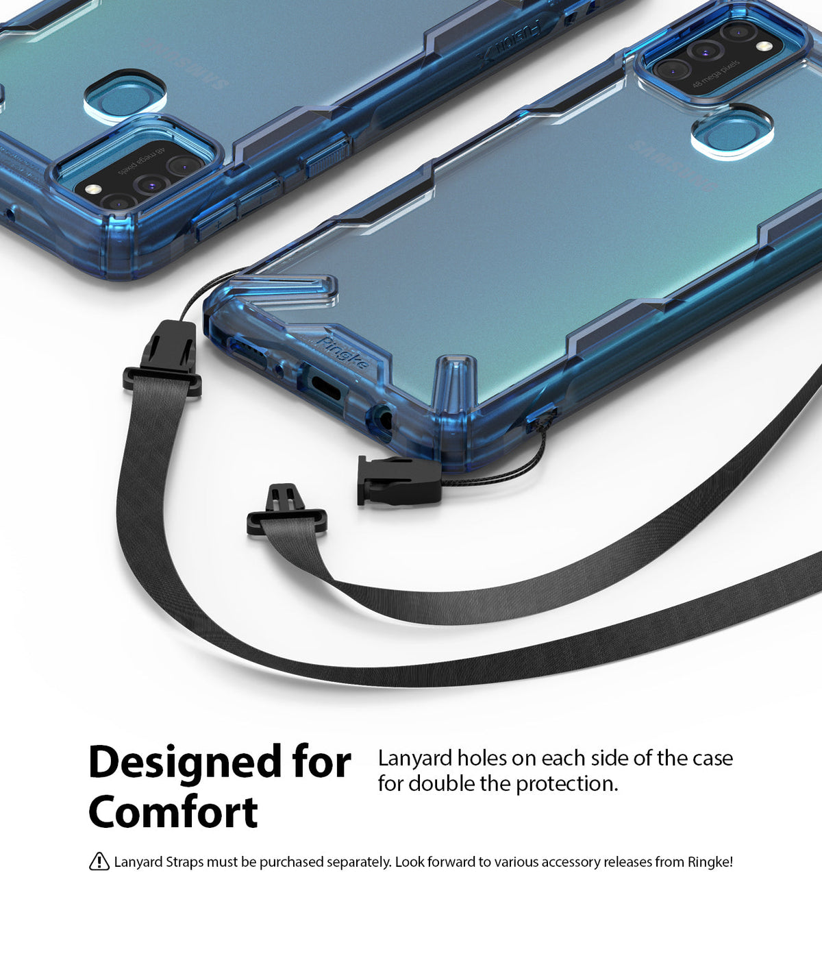 Galaxy M30S / M21 Case | Fusion-X - Two blue phone cases with lanyard attachment points and a detachable black strap.