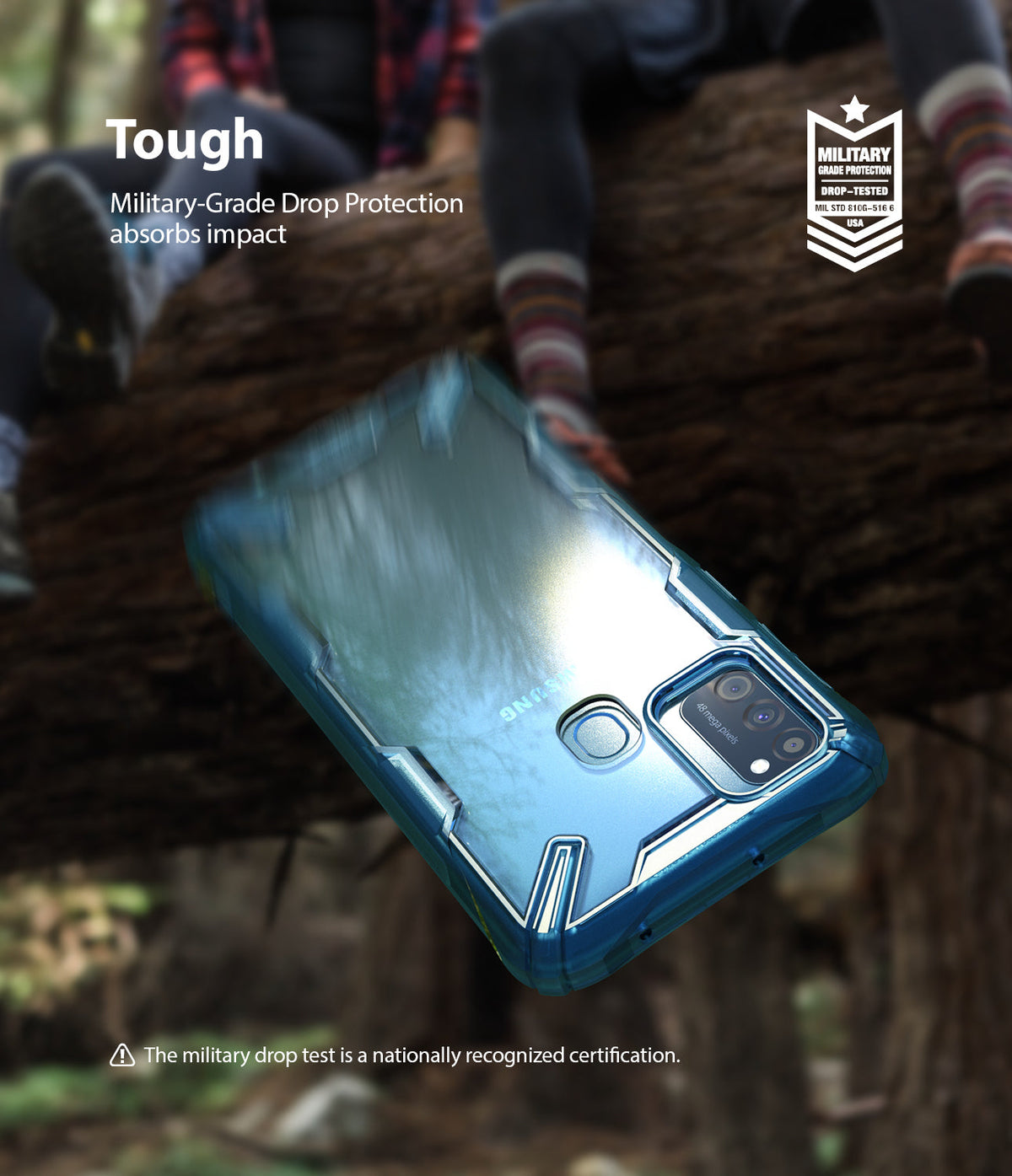 Galaxy M30S / M21 Case | Fusion-X - Blue phone case falling in front of people sitting on a log with military-grade icon.