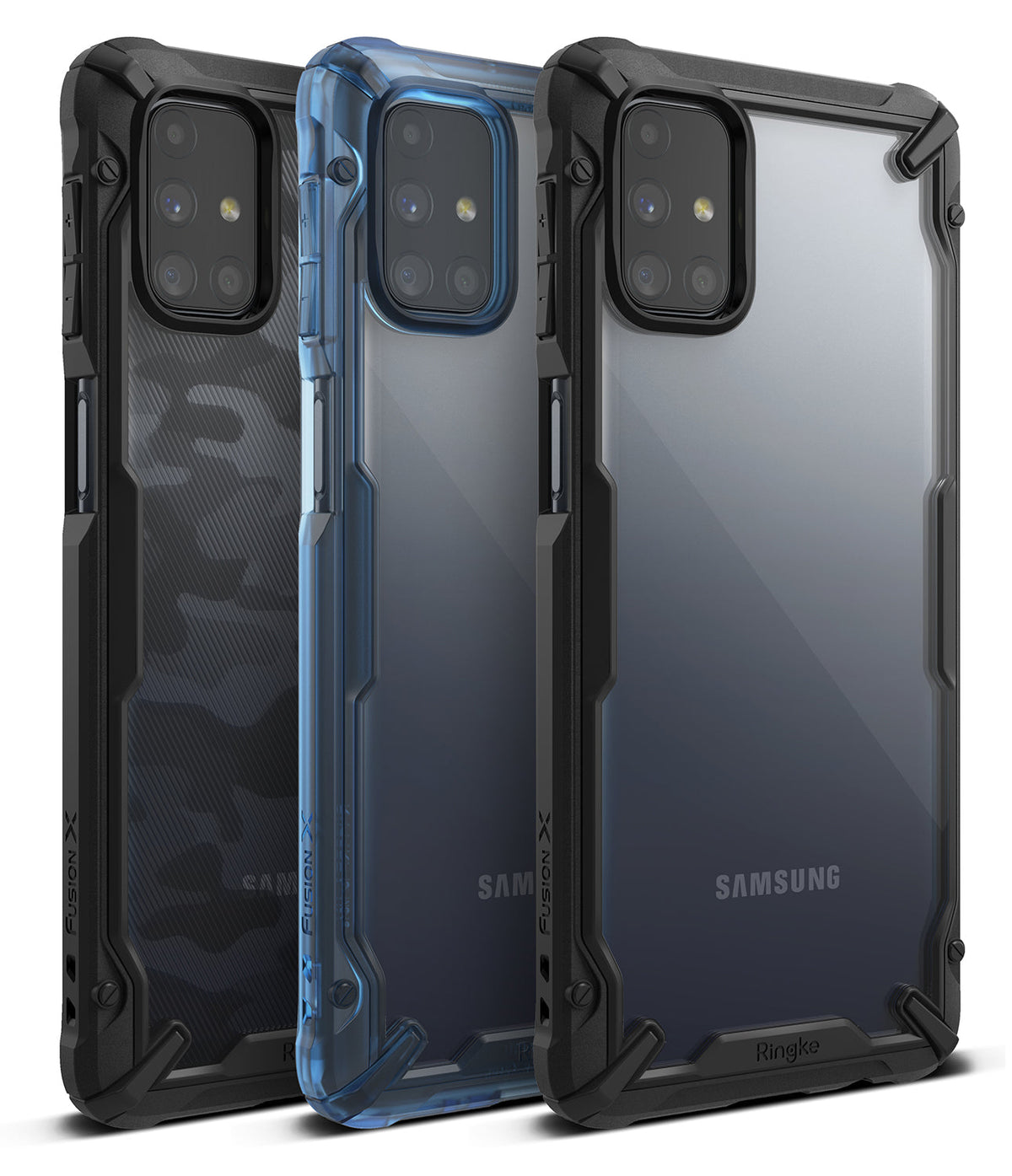 Galaxy M31s Case | Fusion-X - Three rugged phone cases in camo, blue, and clear designs with reinforced corners.