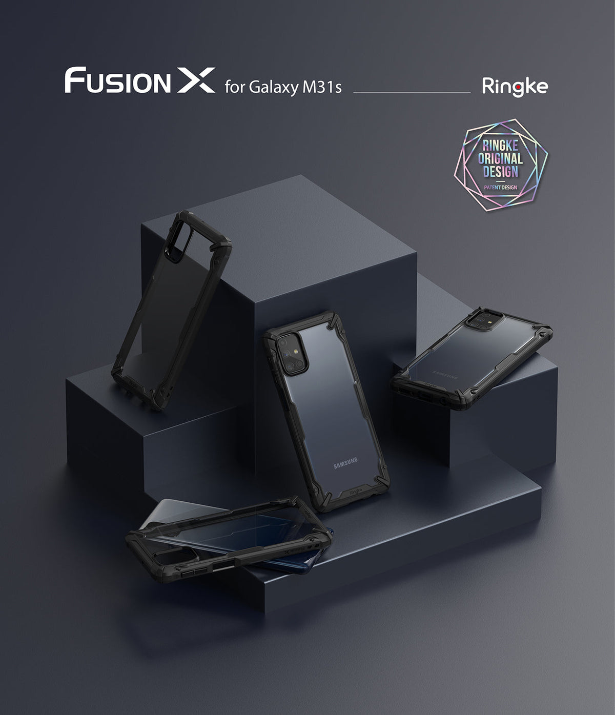 Galaxy M31s Case | Fusion-X - Multiple black Fusion-X phone cases displayed on dark geometric blocks against a gray background.