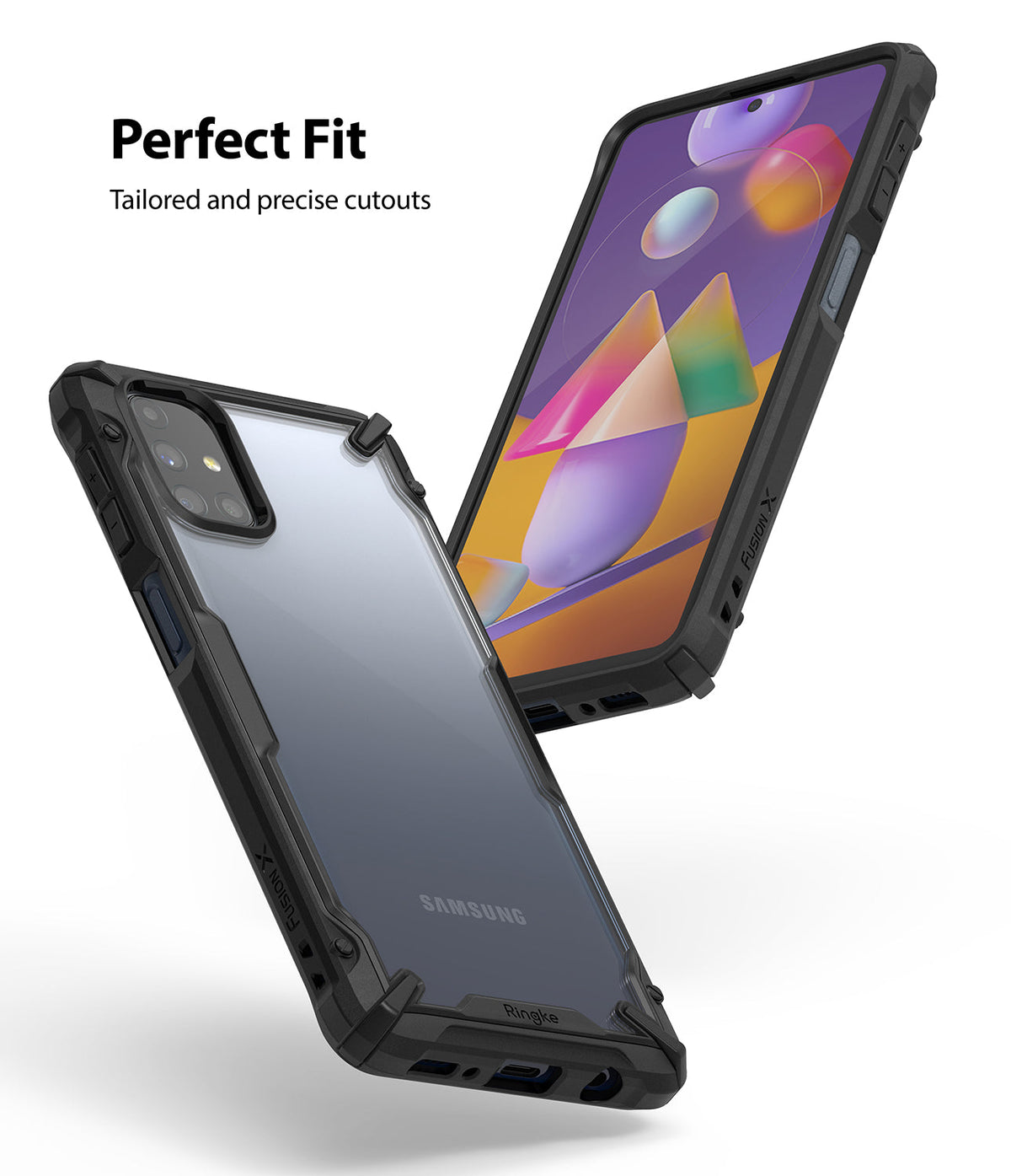 Galaxy M31s Case | Fusion-X - Black Fusion-X protective case on a Galaxy M31s showing front and back views with precise cutouts.