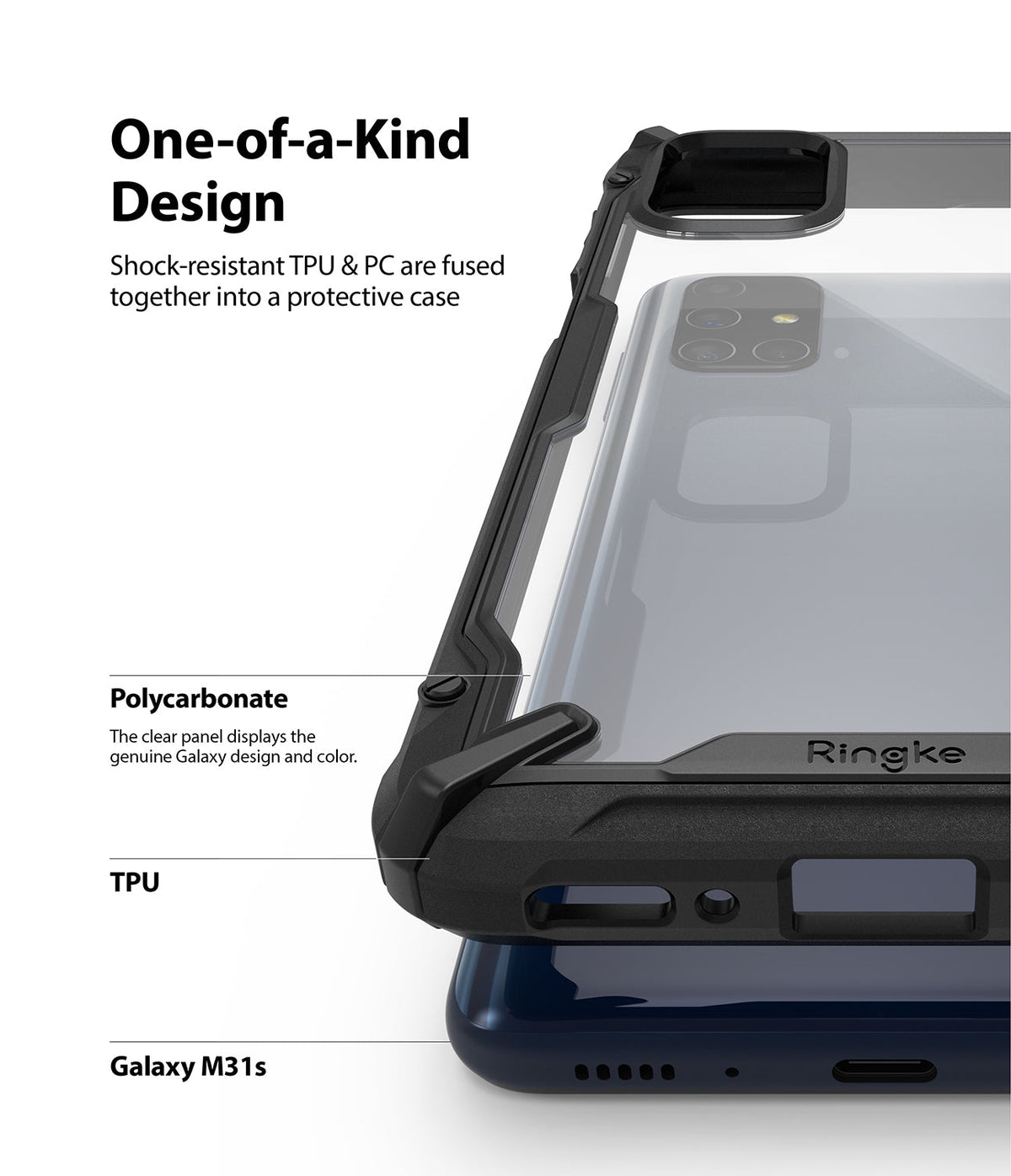 Galaxy M31s Case | Fusion-X - Close-up of a black protective phone case with a clear back panel and rugged TPU edges.