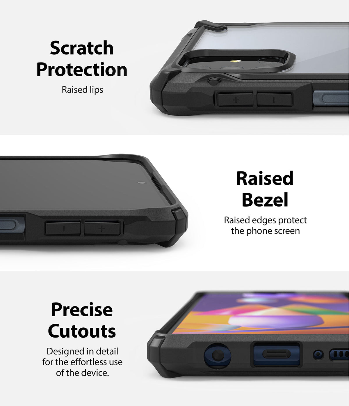 Galaxy M31s Case | Fusion-X - Close-ups showing raised lips, screen bezels, and precise port cutouts on a black phone case.