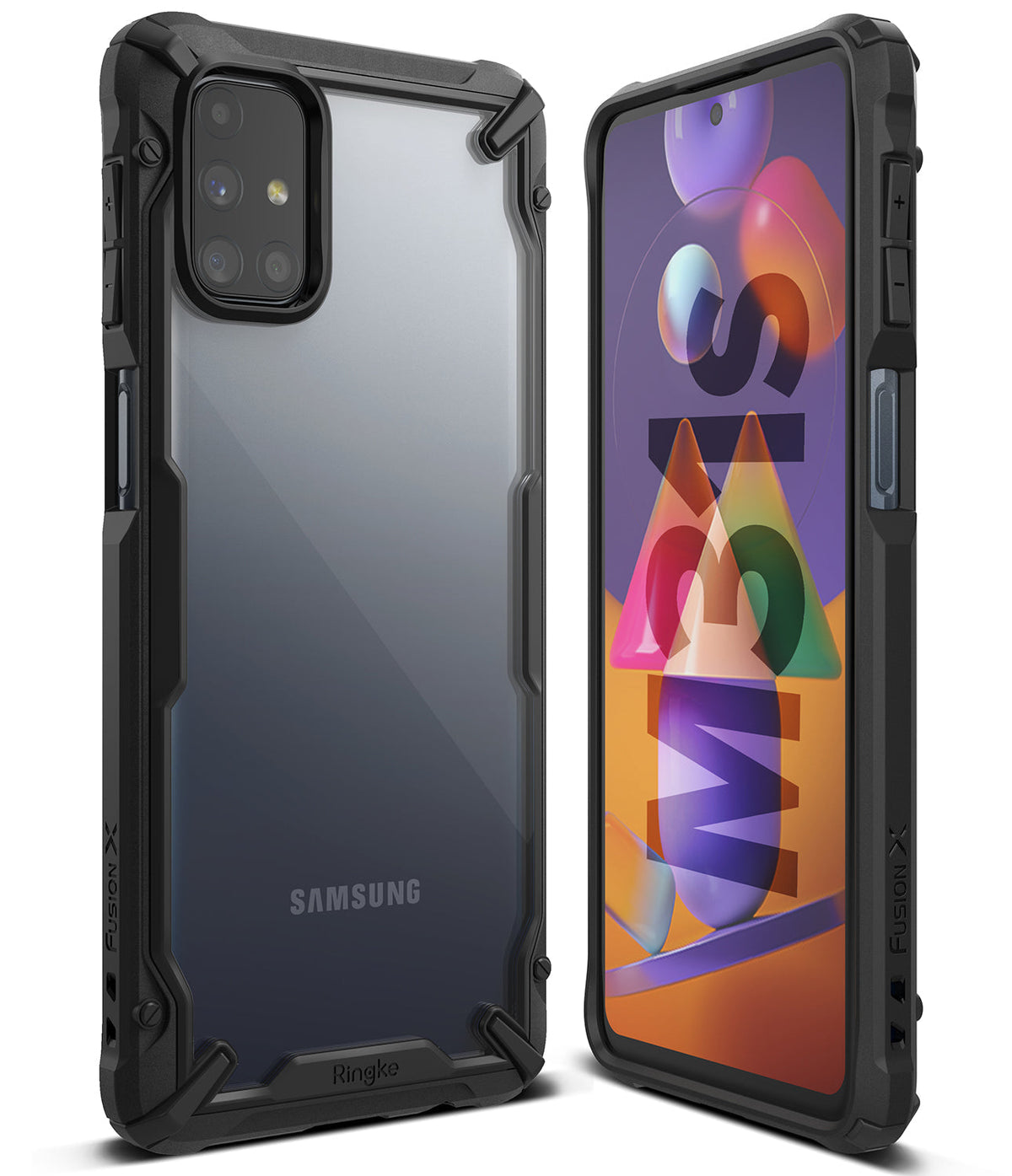 Galaxy M31s Case | Fusion-X - Black rugged protective case with clear back panel shown from front and rear angles.