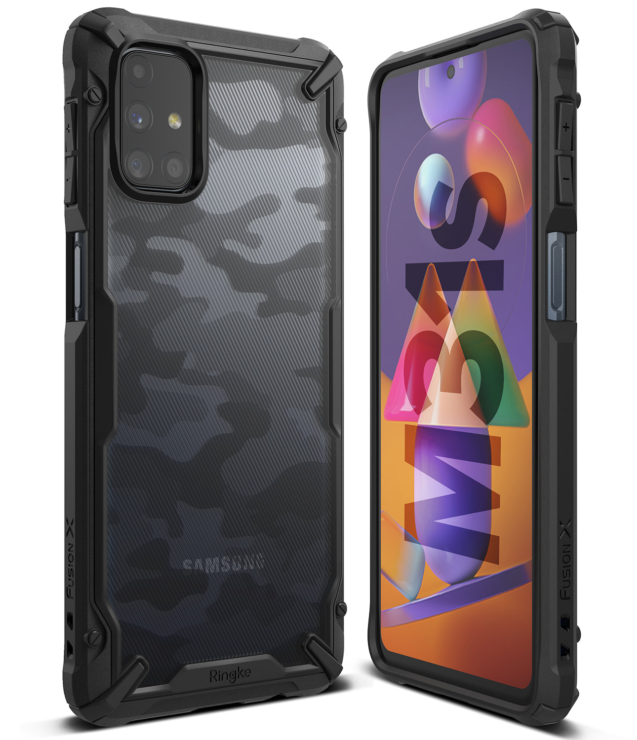 Galaxy M31s Case | Fusion-X - Black camouflage protective phone case shown from the back and front on a Galaxy M31s.