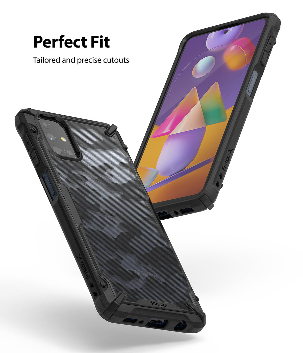 Galaxy M31s Case | Fusion-X - Two views of a black camouflage phone case with precise cutouts and a rugged frame.