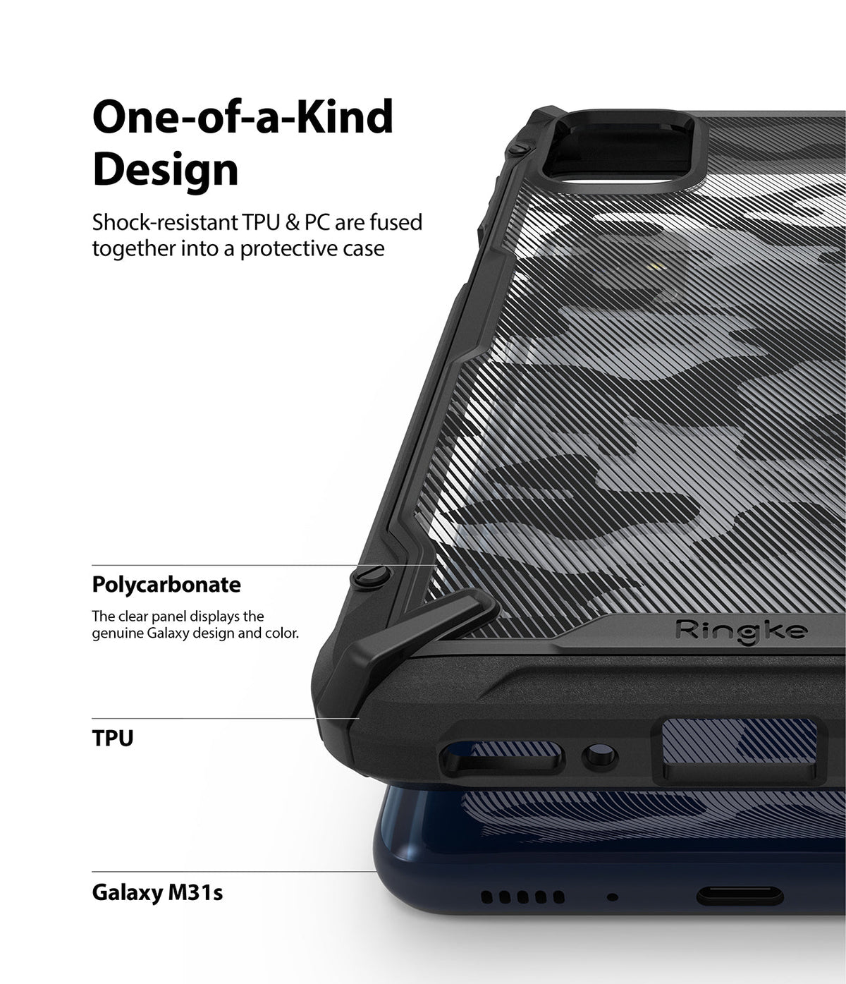 Galaxy M31s Case | Fusion-X - Close-up of a black camo phone case showing TPU and polycarbonate layers with text callouts.