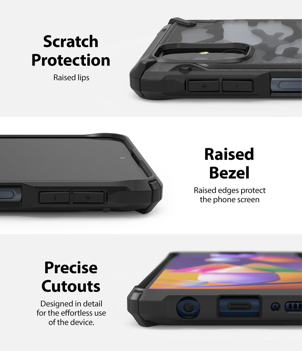 Galaxy M31s Case | Fusion-X - Three close-up views of a phone case highlighting raised bezels, camera protection, and ports.