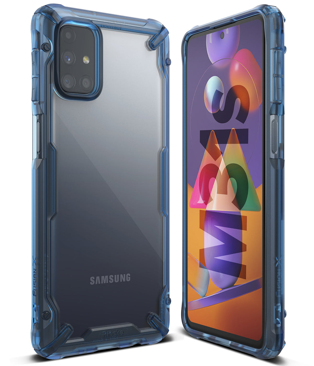 Galaxy M31s Case | Fusion-X - Blue Fusion-X protective case on a Galaxy M31s, showing both back and front views.