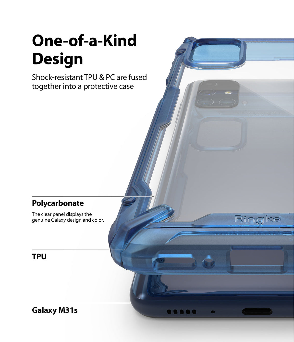 Galaxy M31s Case | Fusion-X - Clear phone case with blue TPU bumper and polycarbonate back panel on a Galaxy M31s.