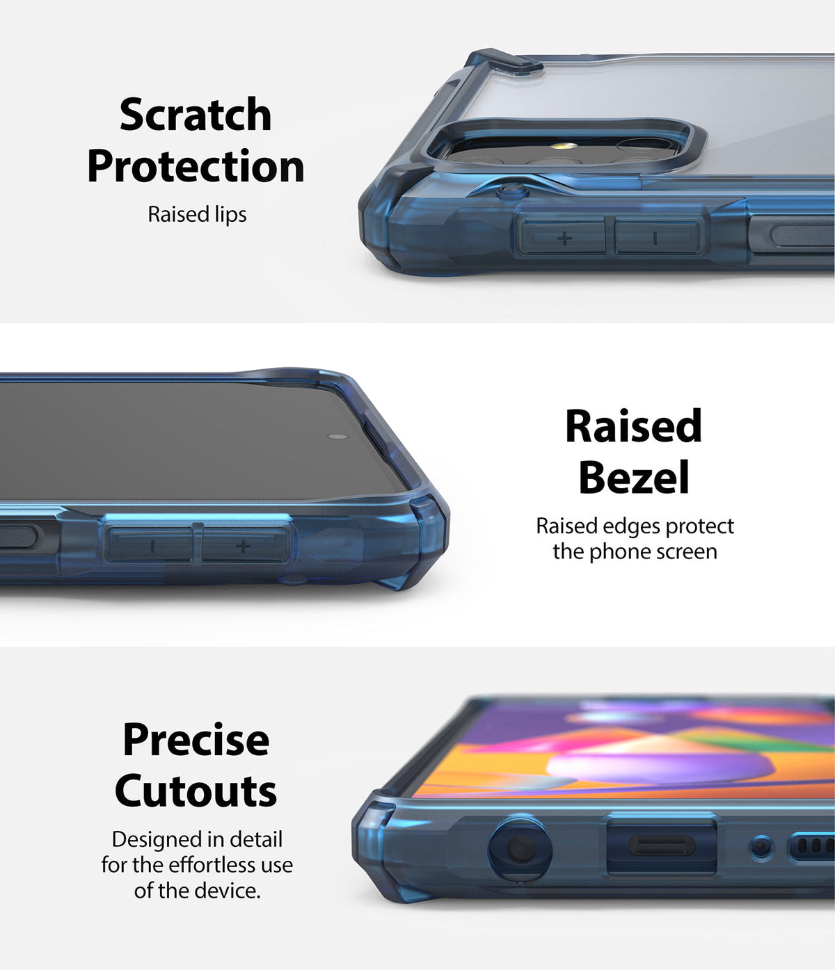 Galaxy M31s Case | Fusion-X - Close-ups showing raised lips, screen bezels, and precise port cutouts on a blue phone case.