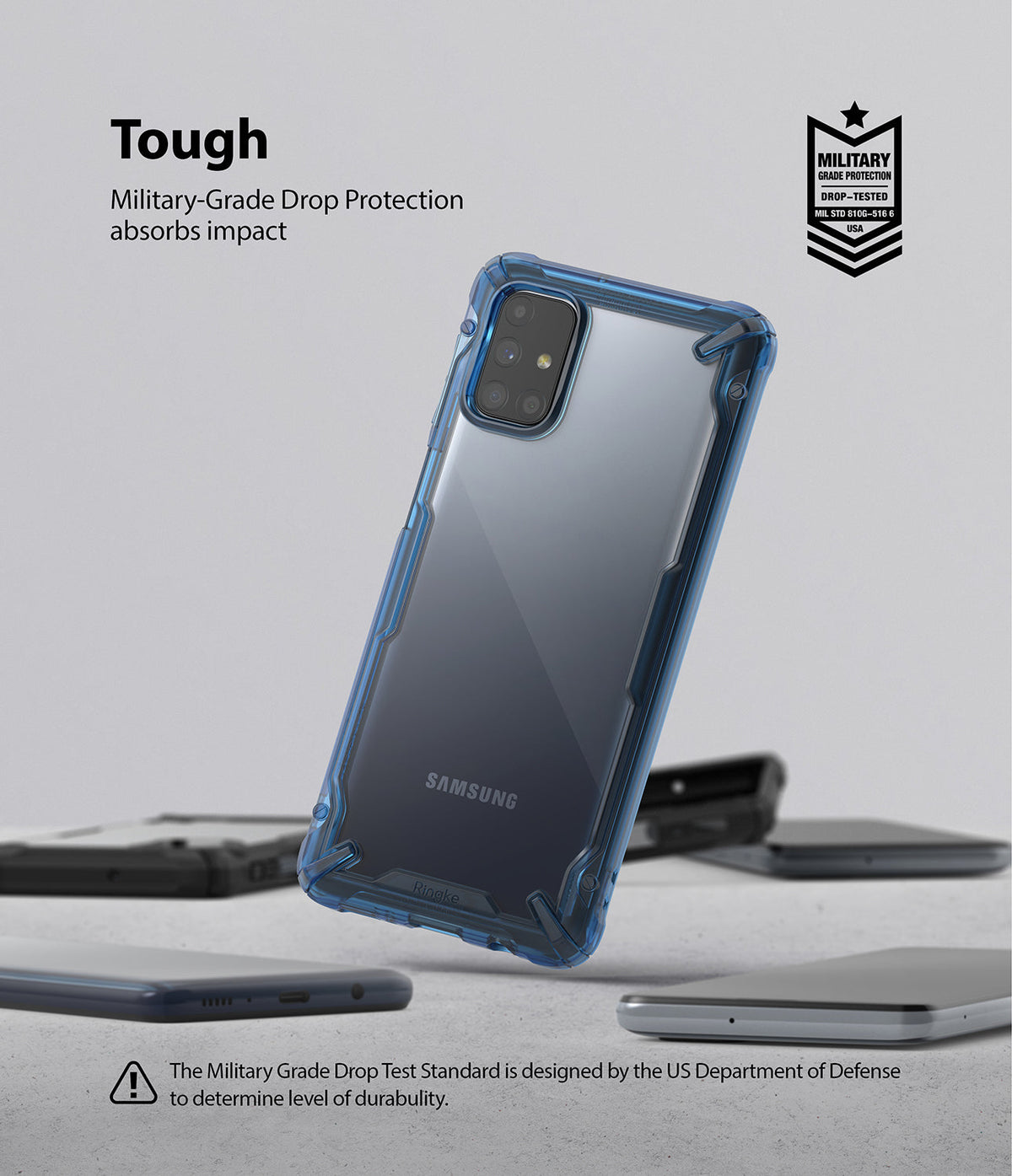 Galaxy M31s Case | Fusion-X - Blue transparent phone case floating above a surface with military-grade drop protection text.