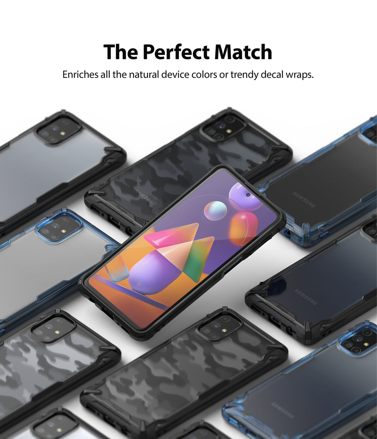 Galaxy M31s Case | Fusion-X - Multiple Galaxy M31s phones in various Fusion-X cases with clear, camo, and blue frames.