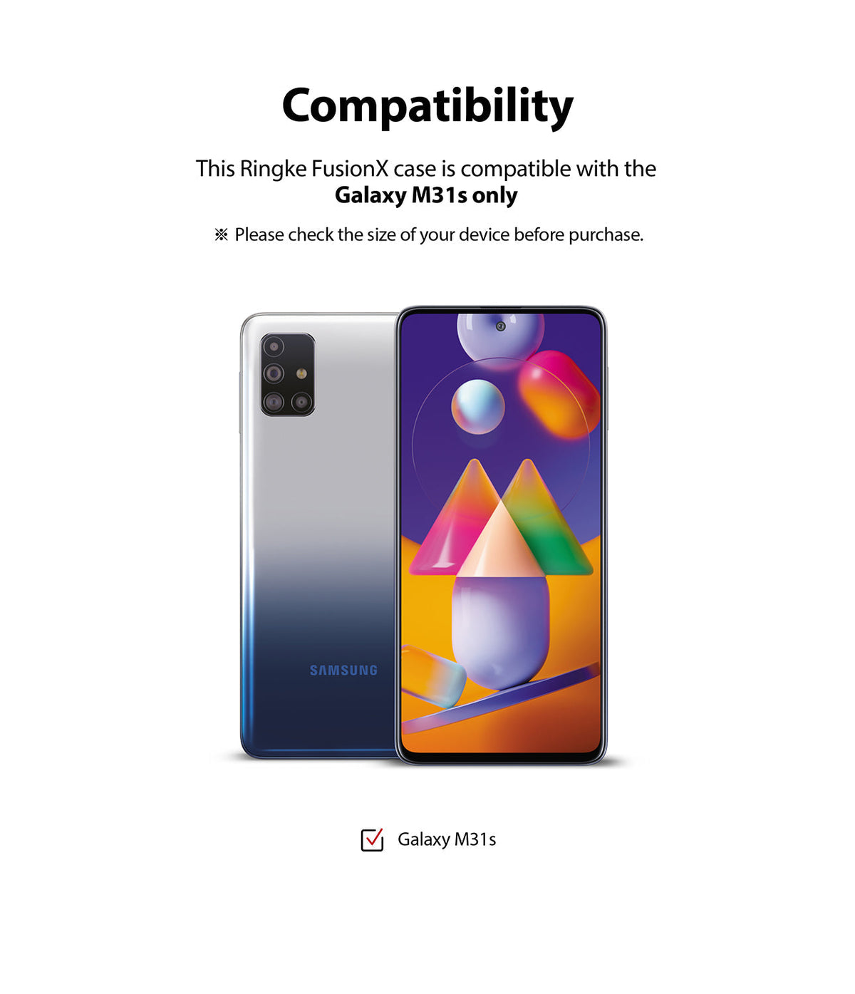 Galaxy M31s Case | Fusion-X - Compatibility graphic showing front and back views of a Samsung Galaxy M31s smartphone.