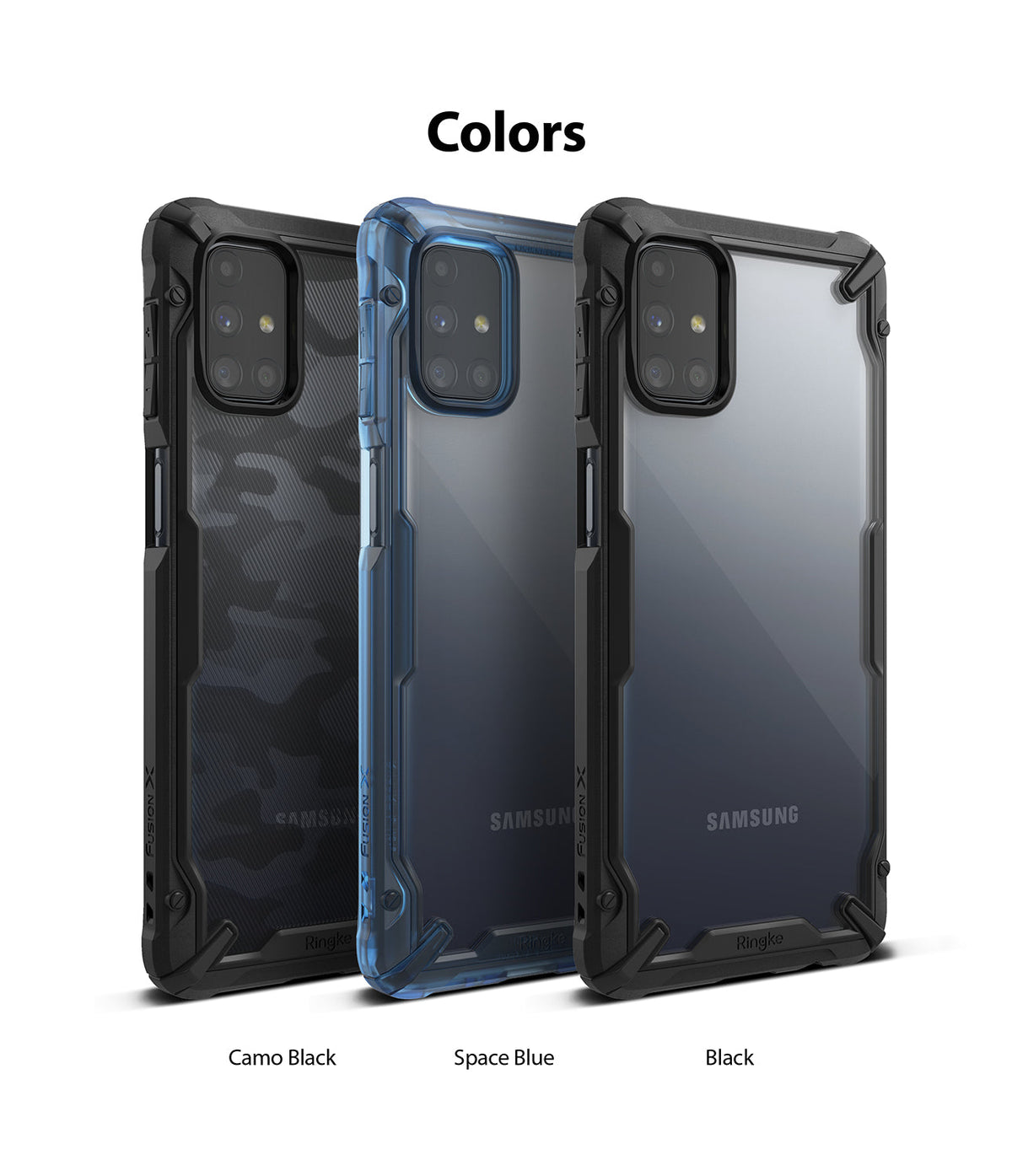 Galaxy M31s Case | Fusion-X - Three Fusion-X phone cases in Camo Black, Space Blue, and Black displayed side-by-side.