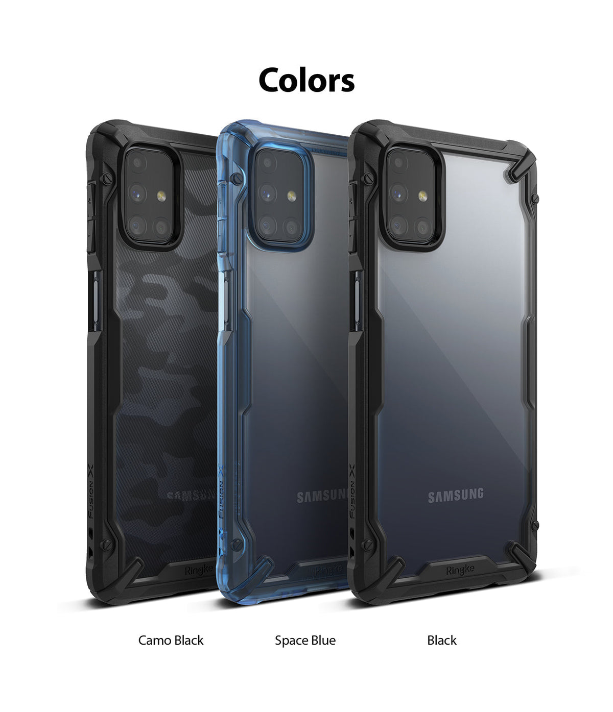 Galaxy M31s Case | Fusion-X - Three Fusion-X phone cases in Camo Black, Space Blue, and Black standing side-by-side.