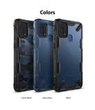 Galaxy M31 Case | Fusion-X - Three Fusion-X phone cases in Camo Black, Space Blue, and Black displayed side-by-side.
