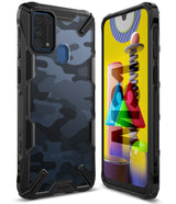 Galaxy M31 Case | Fusion-X - Black camouflage Fusion-X protective case for Galaxy M31 shown from front and back angles.