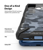 Galaxy M31 Case | Fusion-X - Close-up of a black camouflage phone case with TPU and polycarbonate layers labeled.