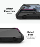 Galaxy M31 Case | Fusion-X - Close-ups showing raised protective lips around the camera and screen of a black phone case.