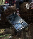 Galaxy M31 Case | Fusion-X - Camo phone case with military-grade drop protection badge against a blurred outdoor background.