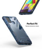 Galaxy M31 Case | Fusion-X - Blue transparent protective phone case with precise cutouts shown from front and back angles.