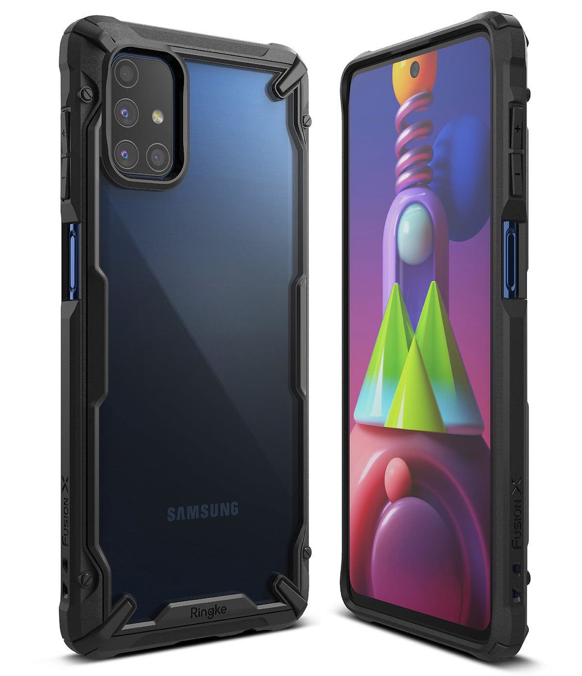 Galaxy M51 Case | Fusion-X - Black rugged protective phone case with a clear back, shown from front and rear angles.