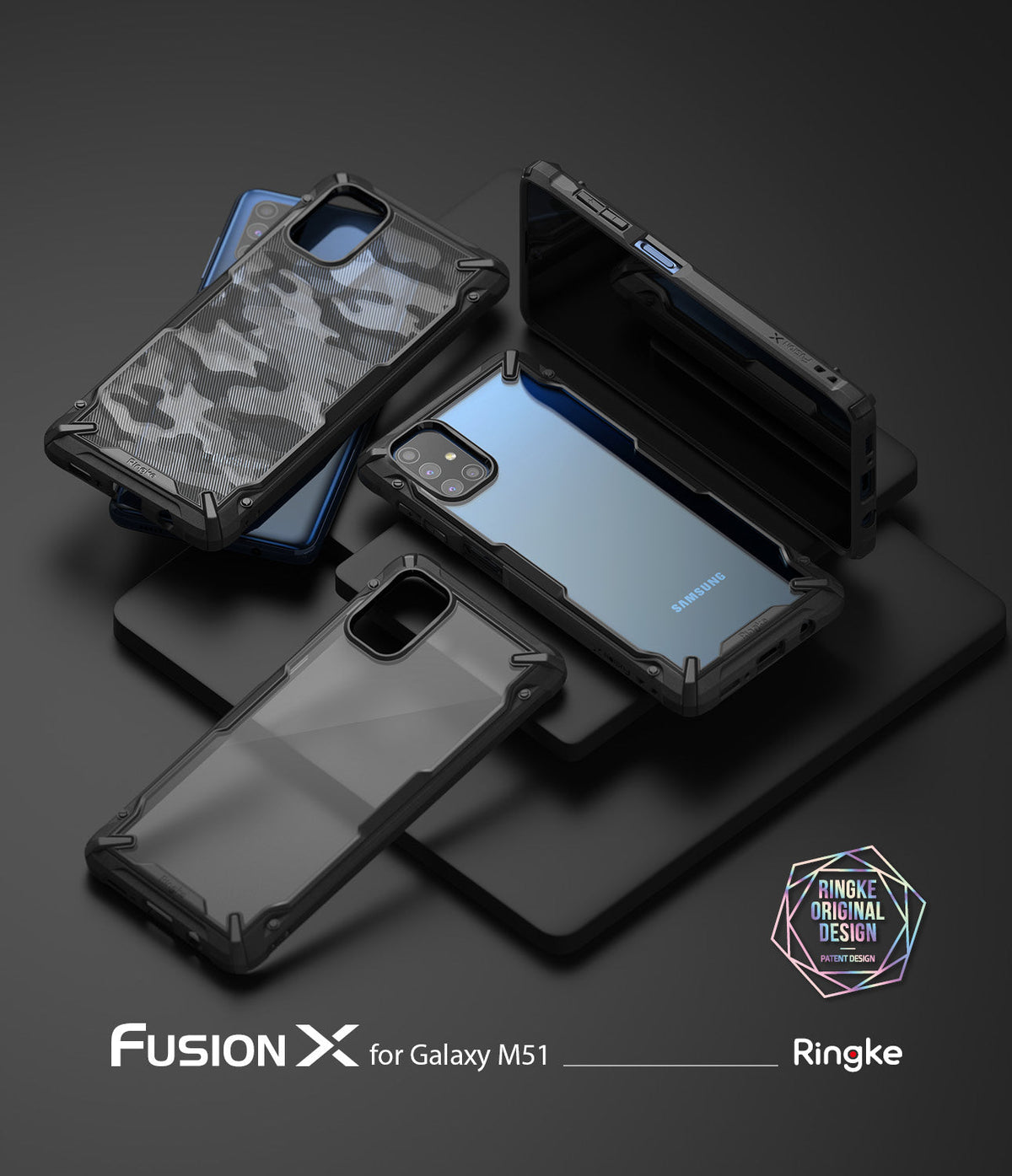 Galaxy M51 Case | Fusion-X - Three Fusion-X phone cases for Galaxy M51 displayed on a black surface, showing camo and clear designs.
