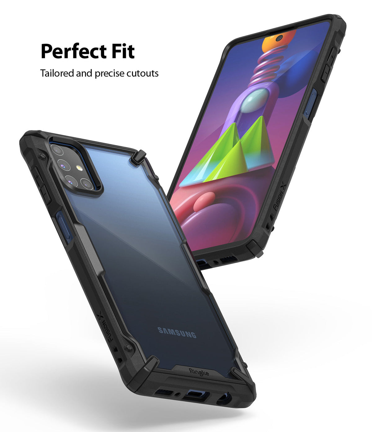 Galaxy M51 Case | Fusion-X - Black Fusion-X case on a Galaxy M51 phone showing precise cutouts and a clear back panel.