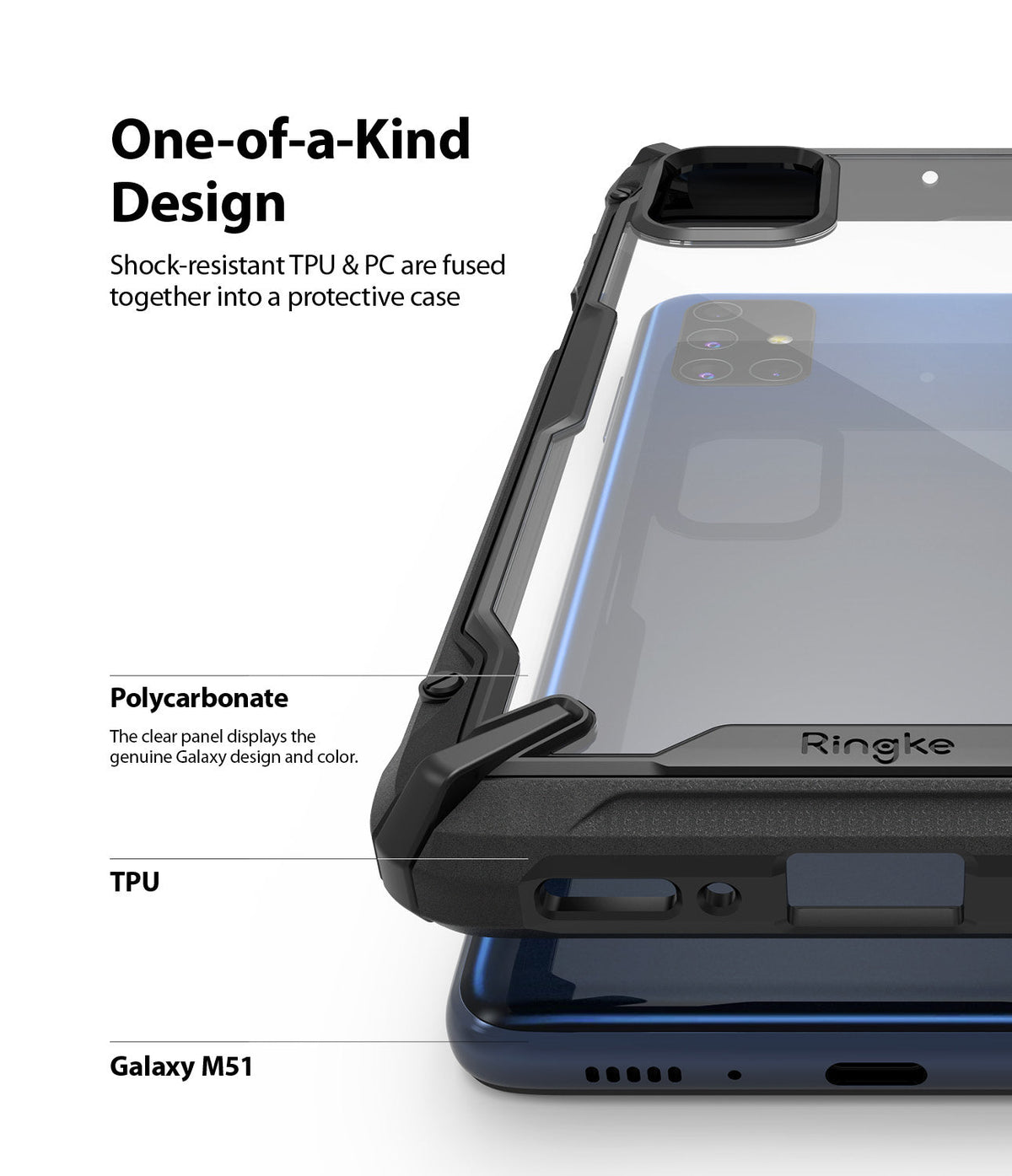 Galaxy M51 Case | Fusion-X - Close-up of a clear and black protective phone case highlighting TPU and polycarbonate materials.
