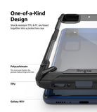 Galaxy M51 Case | Fusion-X - Close-up of a clear and black protective phone case highlighting TPU and polycarbonate materials.